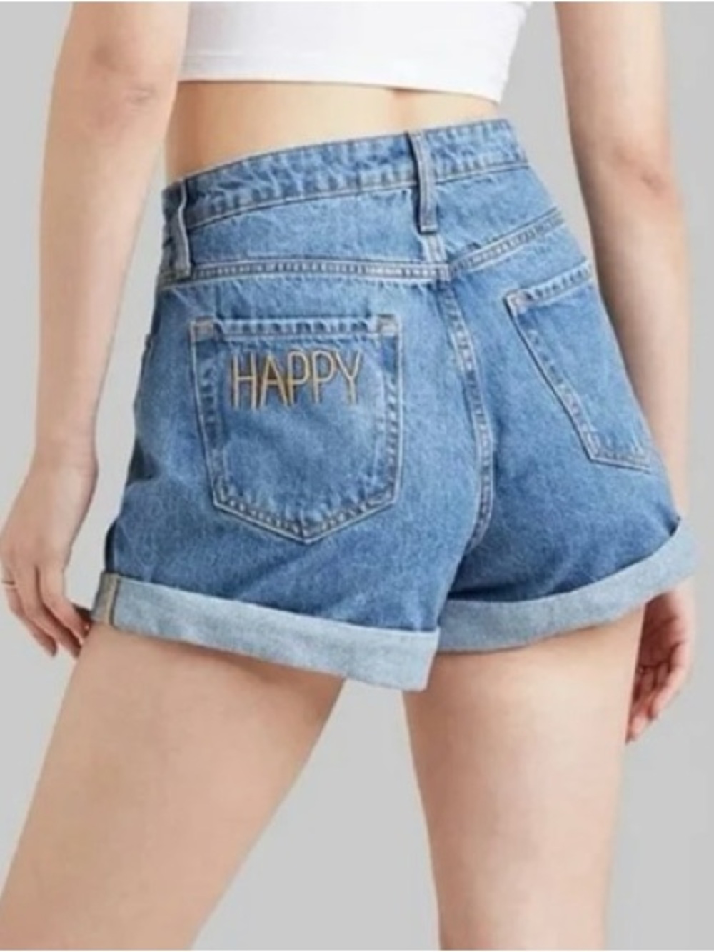 Denim 'Happy' Embroidered High-Waist mom fit women’s Shorts medium wash size 4